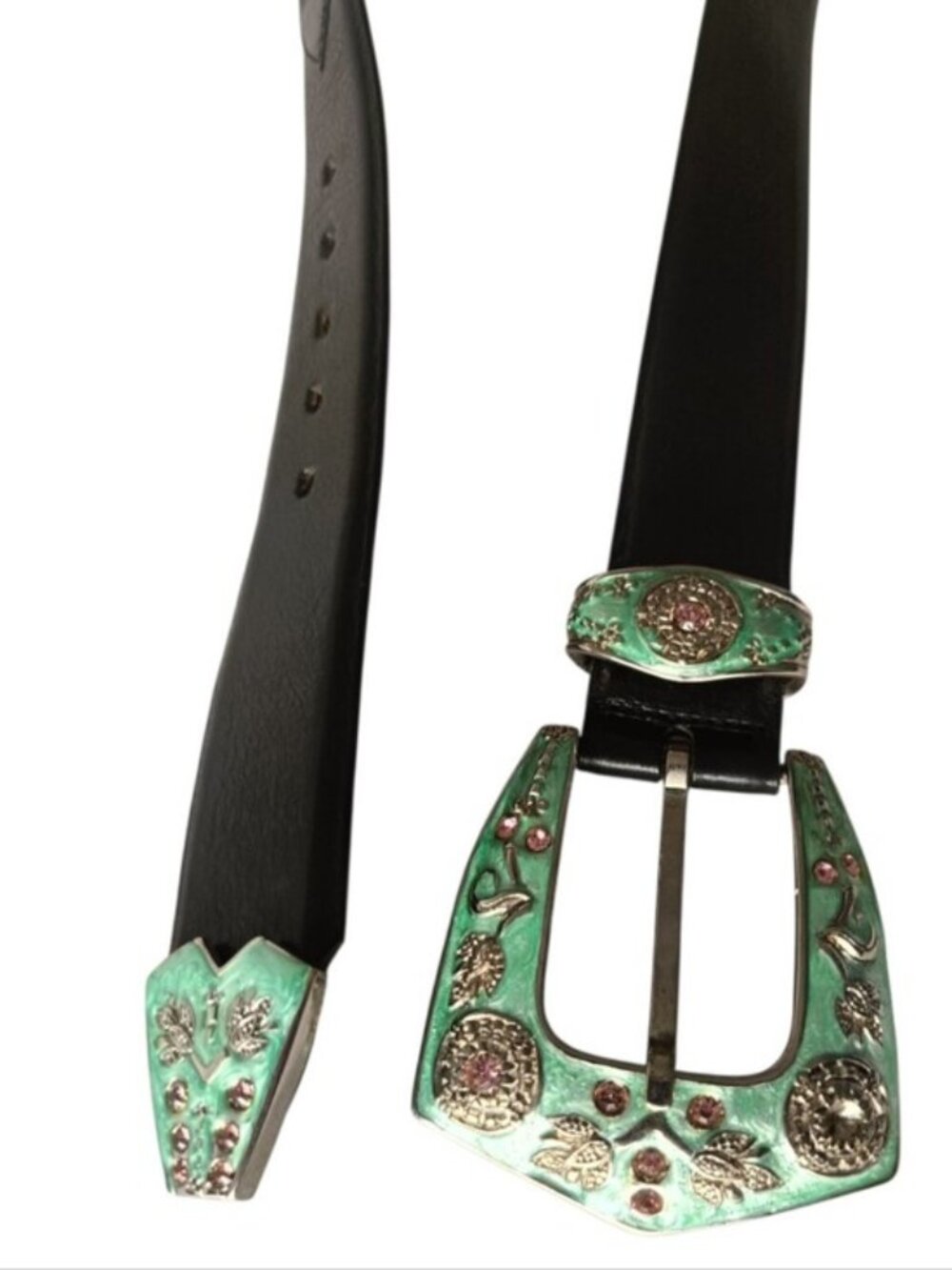 Western Black Leather Belt with Mint Green Embellished Buckle